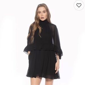ALEXIA ADMOR Vespera Mockneck Ruffle Mini Dress Elegant Black Chiffon Dress
